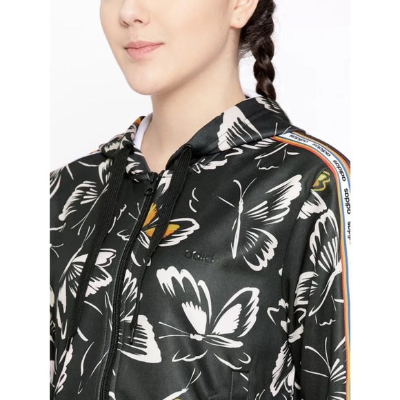 FARM RIO ADIDAS Butterfly Print Rainbow Stripe Logo Zip Up Hooded Track Jacket S - Picture 13 of 15